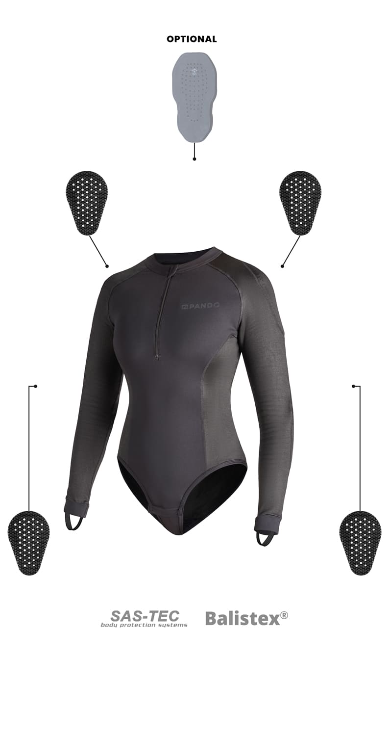 PANDO MOTO Shell WW Black 02 Women's Armored Body Suit - High Road Motorsports - Armored Body Suit - SHELL-WW-BLACK-02-XXS - Pando Moto